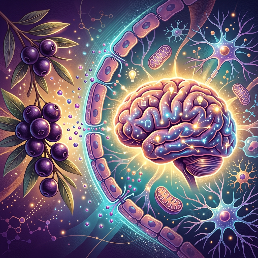Scientific illustration of açaí anthocyanins crossing the blood-brain barrier to protect neurons