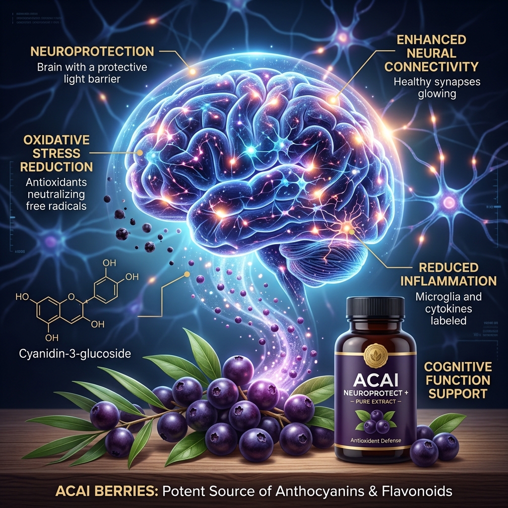 Microscopic view showing the neuroprotective effect of açaí berry anthocyanins on dopaminergic neurons in the substantia nigra.