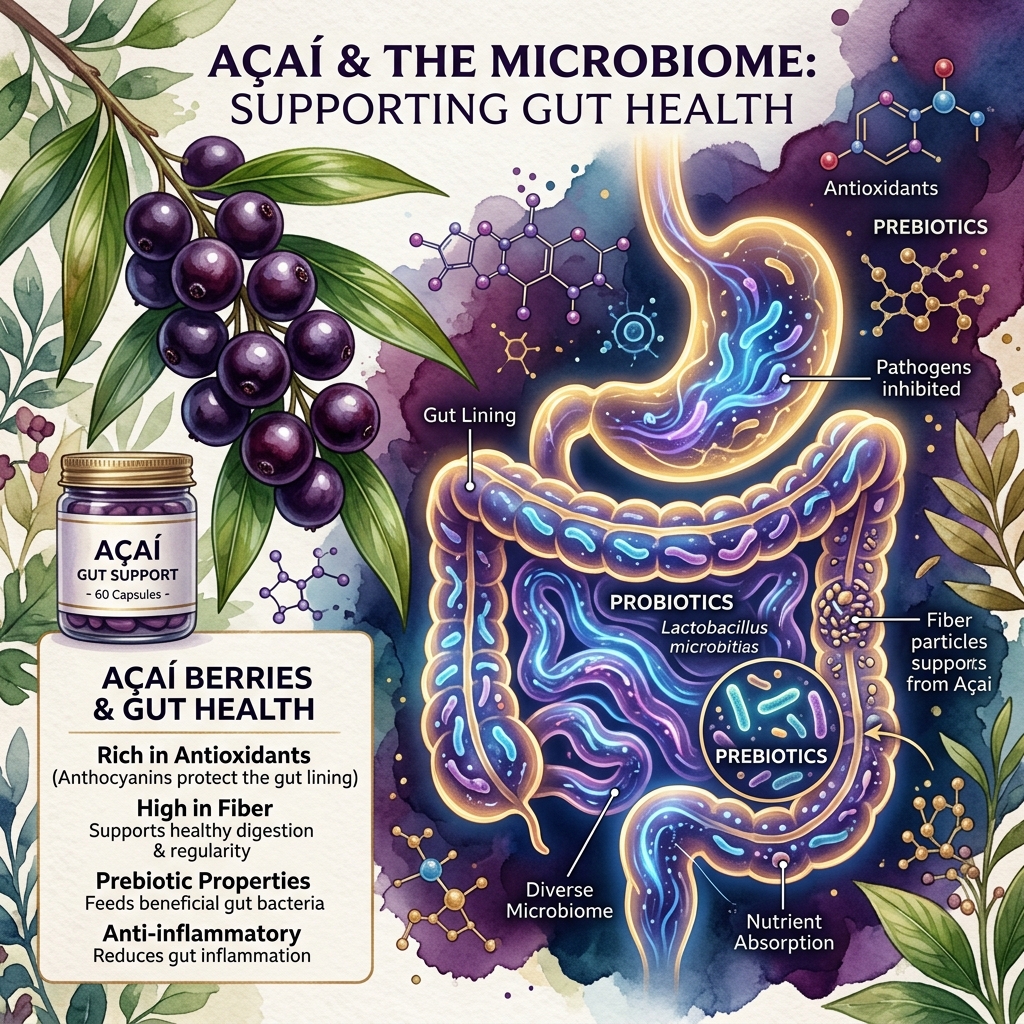 Fresh organic açaí berries supporting gastrointestinal health and mucosal healing